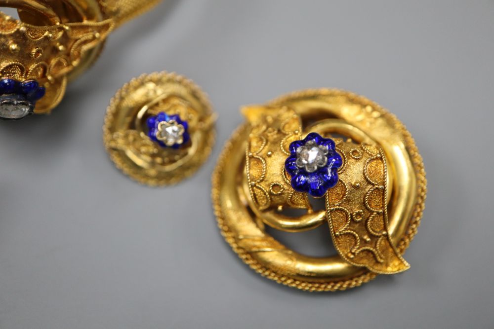 A Victorian yellow metal, blue enamel and rose cut diamond set demi parure,